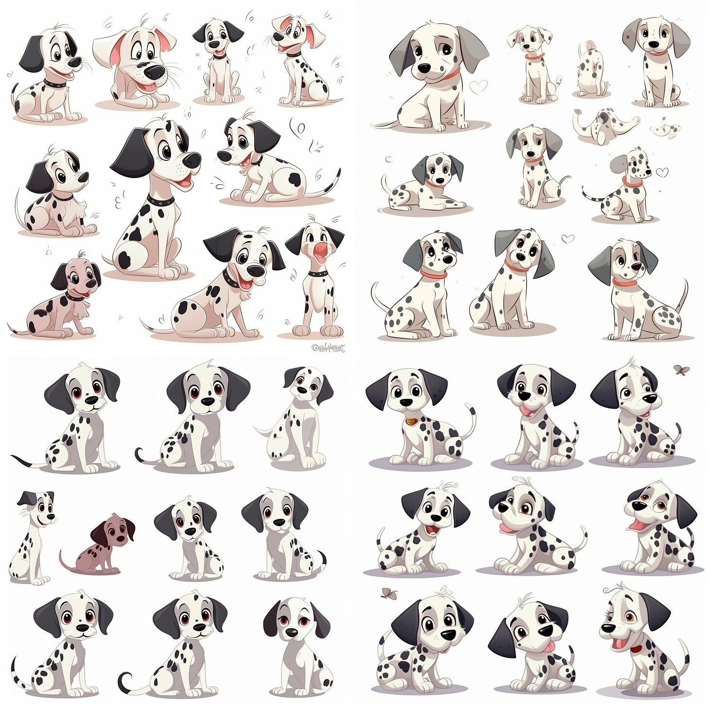 A cute dalmatian puppy character sheet, cartoon style, cute, character design, multiple poses and expressions, isolated on white background --v 5 --q 2 