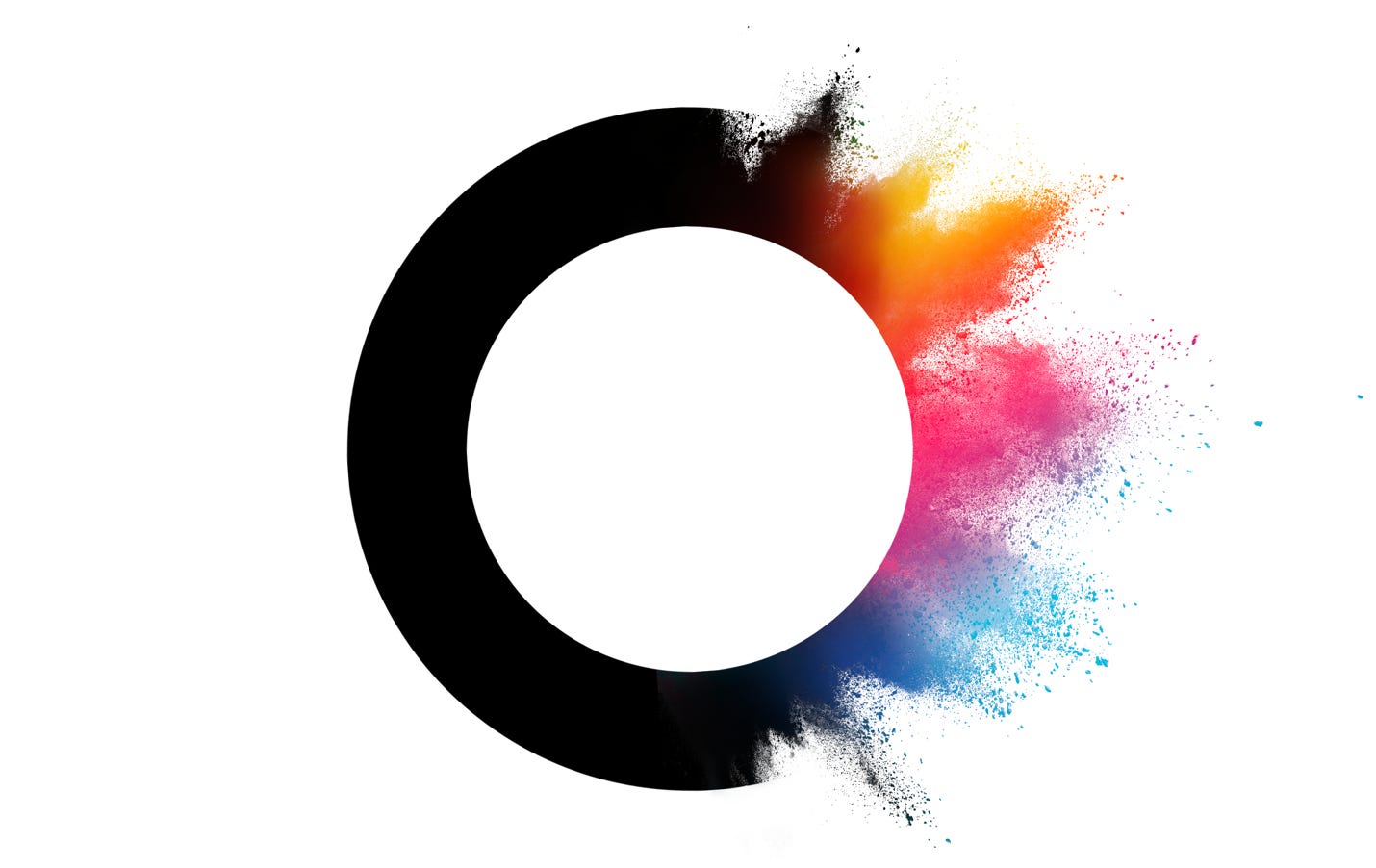 A black circle with a colorful powder explosion

Description automatically generated