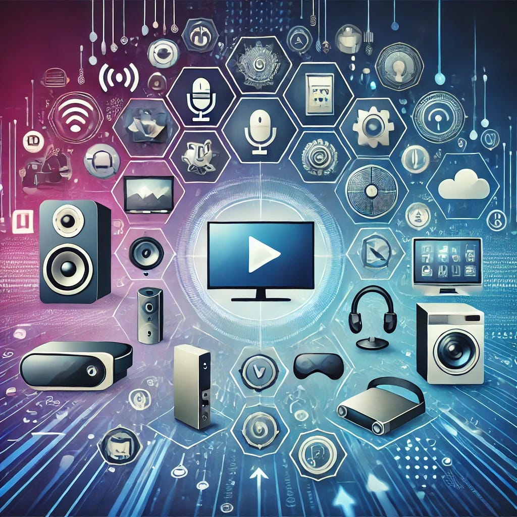 A modern illustration representing advances in audio, visual, and video engineering technologies and their impact on everyday life. The image features icons for high-definition video calls, surround sound systems, VR headsets, smart home devices, and streaming platforms. Each icon is connected by digital lines, symbolizing interconnected technology. The background is a gradient of blue and purple tones with subtle visual elements of data flow, conveying a futuristic, tech-driven theme. This is suitable for an article discussing the transformative role of AV technology in daily life.