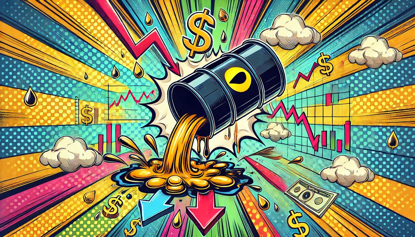 A vibrant pop-art style illustration in 16:9 format depicting the collapse of the oil market. The central element is a large oil barrel tipping over, with oil pouring out in a dramatic downward flow. Surrounding the scene are downward-pointing arrows and charts indicating a market drop. The background features a burst of colorful, comic-like patterns, including thunderclouds and lightning bolts, emphasizing chaos. Currency symbols like dollar signs ($) and oil drops are scattered throughout. A sense of urgency and energy fills the scene, fitting the tone of an economic crisis.