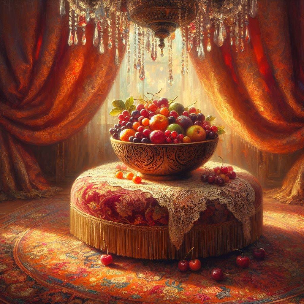 Chunky oil painting image;lensbaby focus on beautiful; Olive Wood Artisan Bowl of fruit sitting on a circular velvet embroidered and silk ottoman on an ornate Persian rug. light coral and white lace on deep orange to red heavy curtains with gold embroidery. beautful chandelier over head dripping with cherries and crystal with light glowing and shining through it onto the fruit bowl