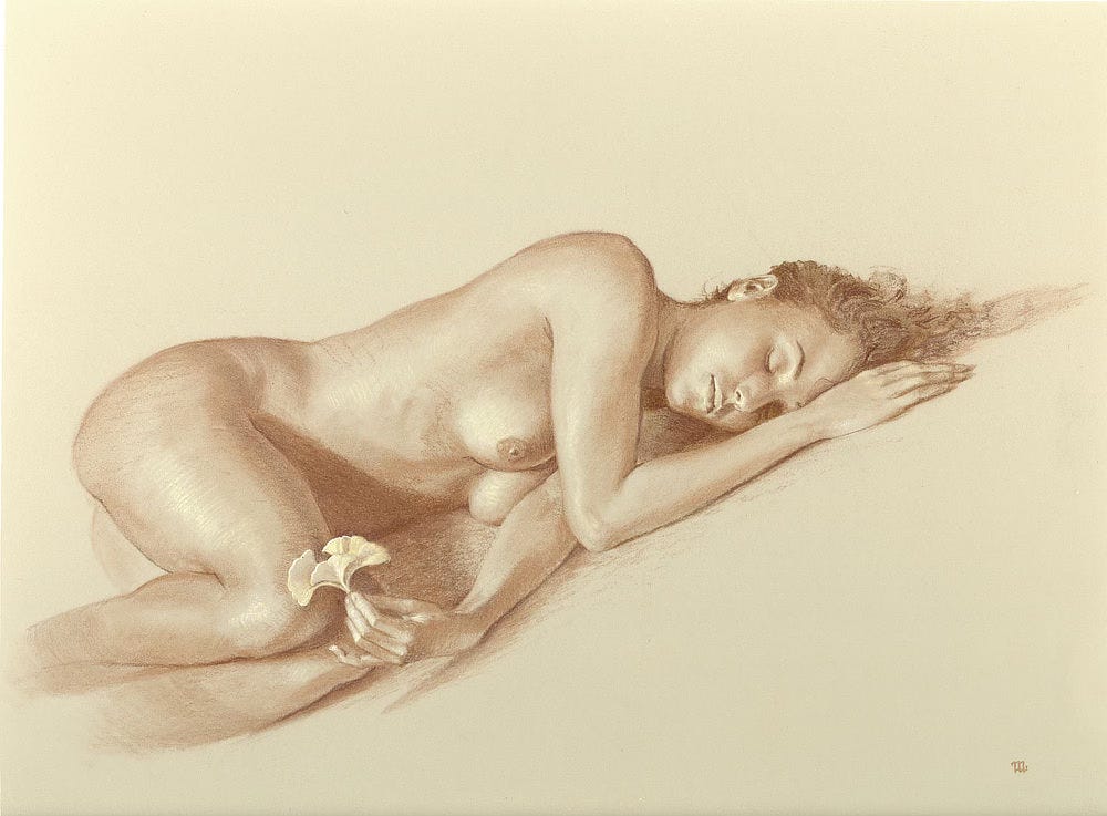 Figure study for KAIROS featuring a model lying naked and curled on her side with eyes closed. She rests one hand flat near her head giving the impression that she's sleeping, but her other arm extends along the ground to hold up a ginkgo leaf delicately by the stem for examination. The pose is slightly different from the painting as the leaf would be visible if her arm weren't blocking it.