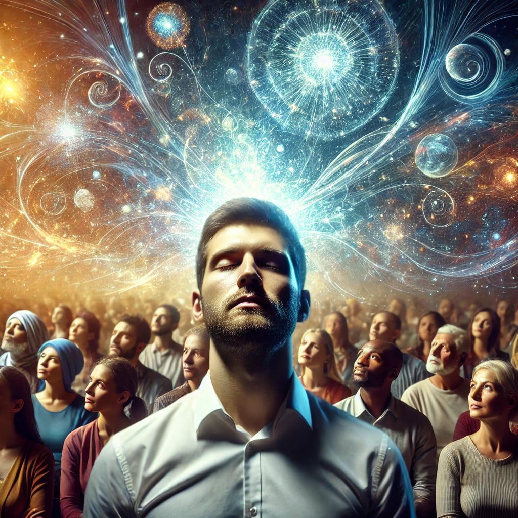 A portrait of a serene man with his eyes closed, his head surrounded by ethereal, luminous projections of his thoughts in abstract, swirling patterns, symbolizing a vast empire of ideas. Around him, people of diverse ethnic backgrounds gaze upwards in awe and contemplation, captivated by his visionary thoughts. The background is softly lit with celestial tones of deep blue and gold, giving a slightly spiritual, enlightened ambiance. The scene feels uplifting and inspiring, with a strong sense of unity, featuring a diverse audience.