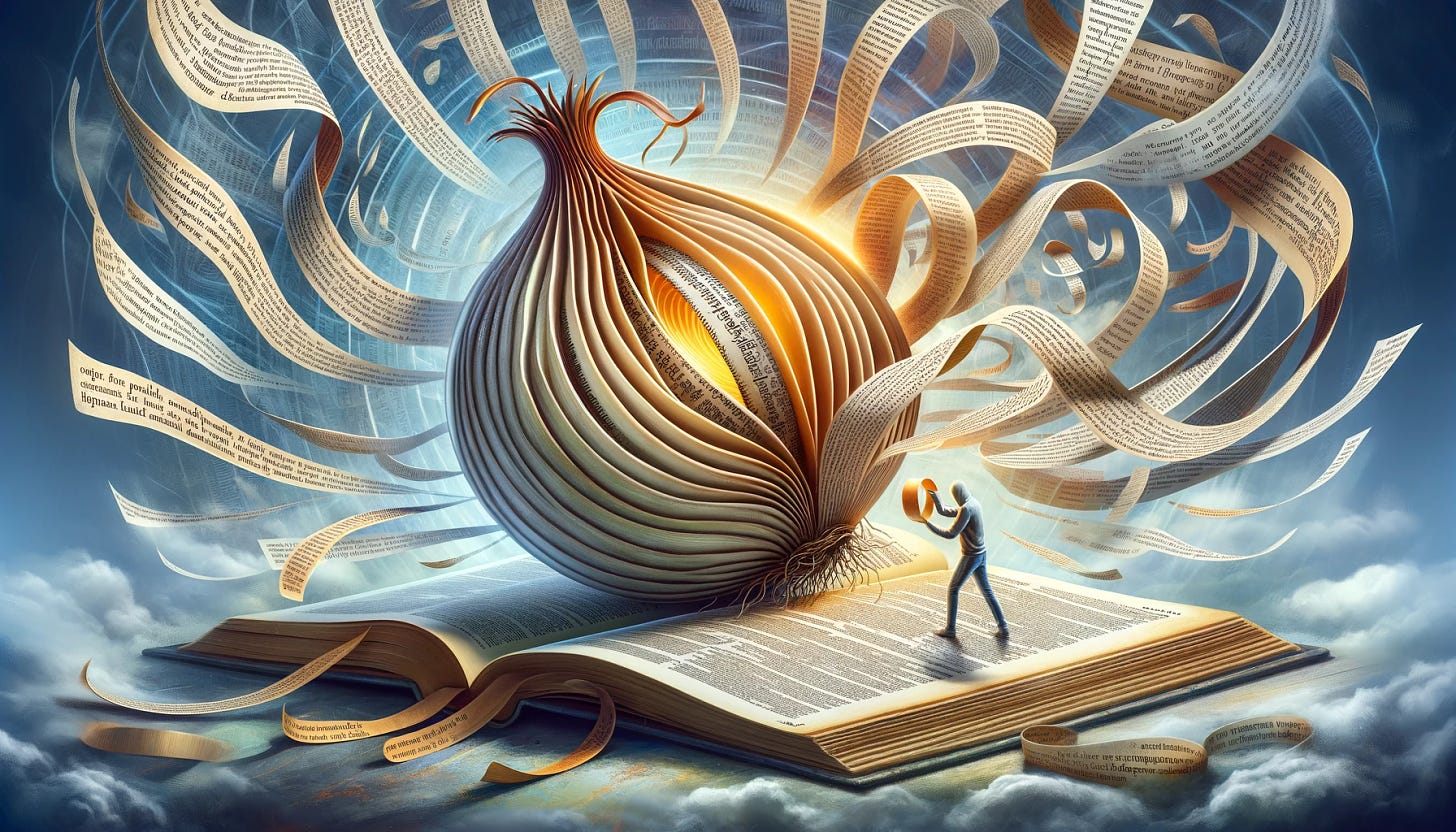 A creative and abstract widescreen hero image that combines the concepts of a 'dictionary mind' with the metaphor of peeling an onion to understand complex sentences, reflecting the themes of the blog post. The central focus of the image is a large, open dictionary, with its pages transforming into layers of an onion. A person is depicted in the process of peeling these layers, symbolizing the act of unraveling the complexities of language and understanding. Around the dictionary-onion, intricate sentences spiral outwards, representing the depth and complexity of language. The background should be surreal and introspective, illustrating the journey of discovering truth and meaning in language.