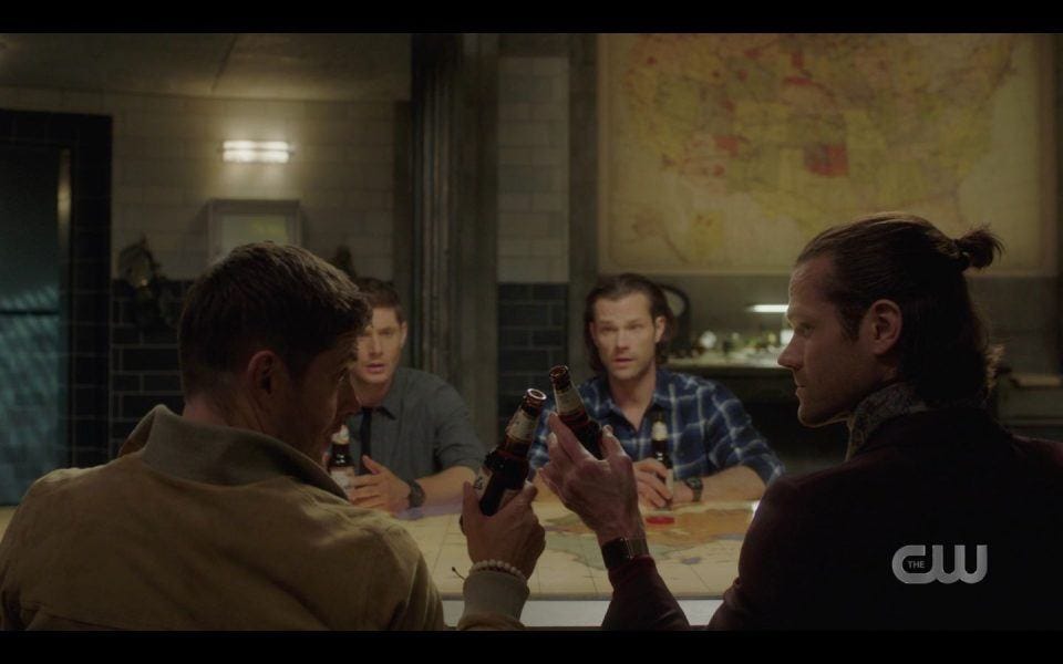 AU Sam Dean clink beers to John Winchester SPN