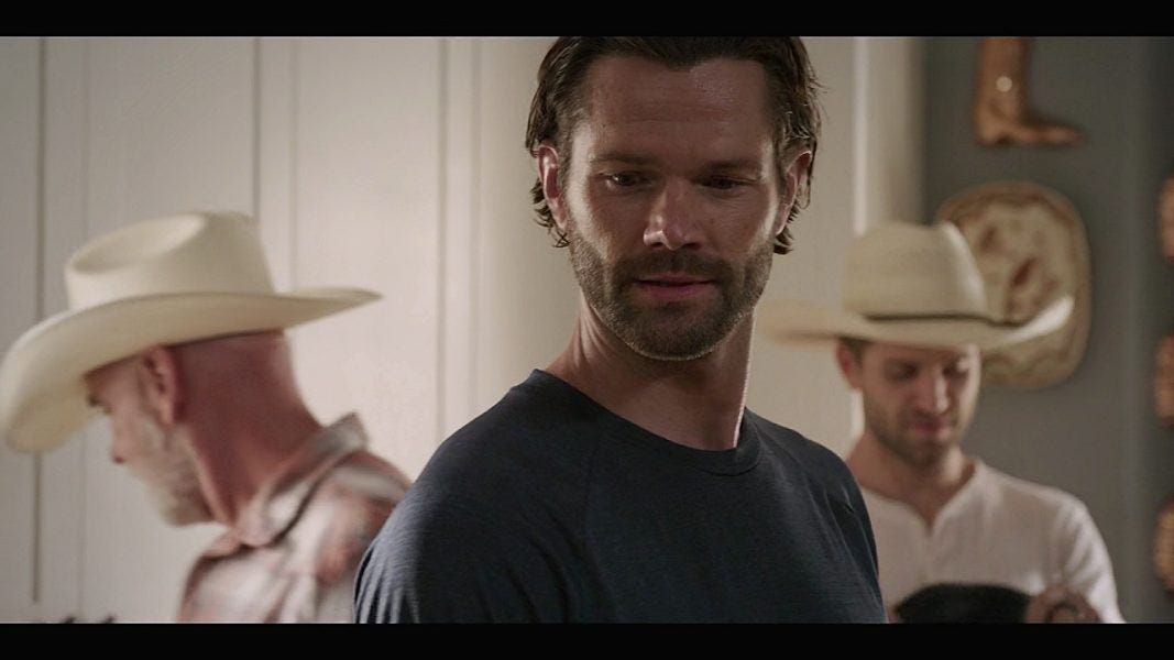 Jared Padalecki with Keegan Allen and Mitch Pileggi in background on Walker 3.3