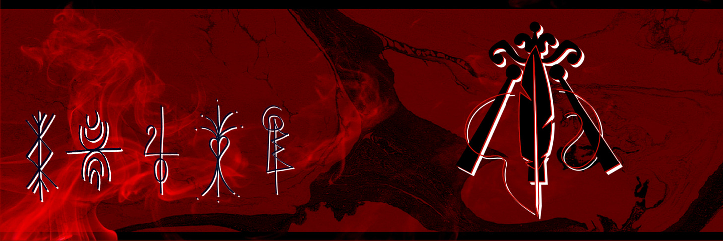 a row of sigils/symbols on a red painted backdrop