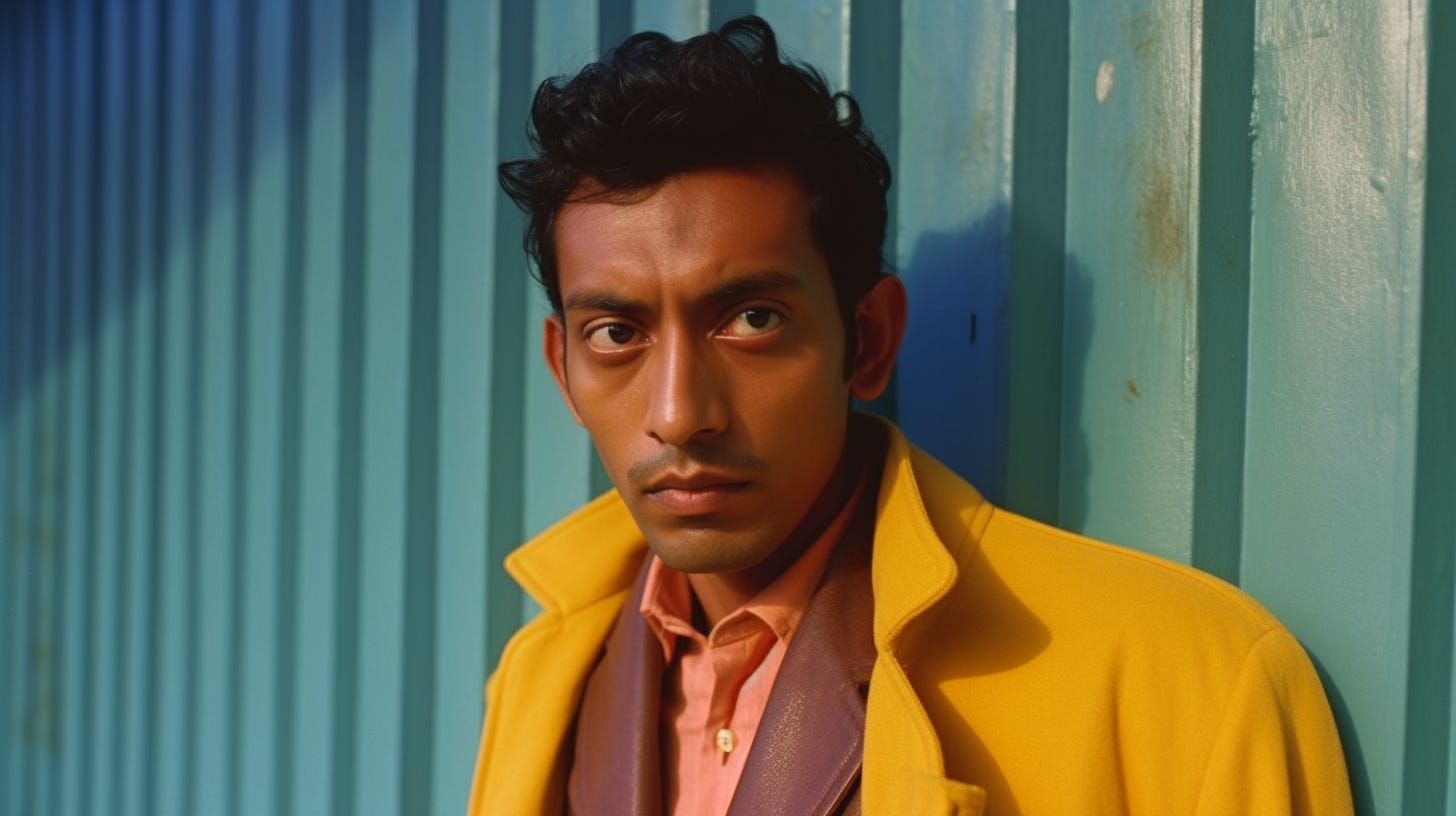 35mm film still, sharp focus, medium closeup shot, a 34 year old clean shaven bengali indian man with amused facial expression, clothes teal , background yellow, studiocore modernism, dreamwave romance