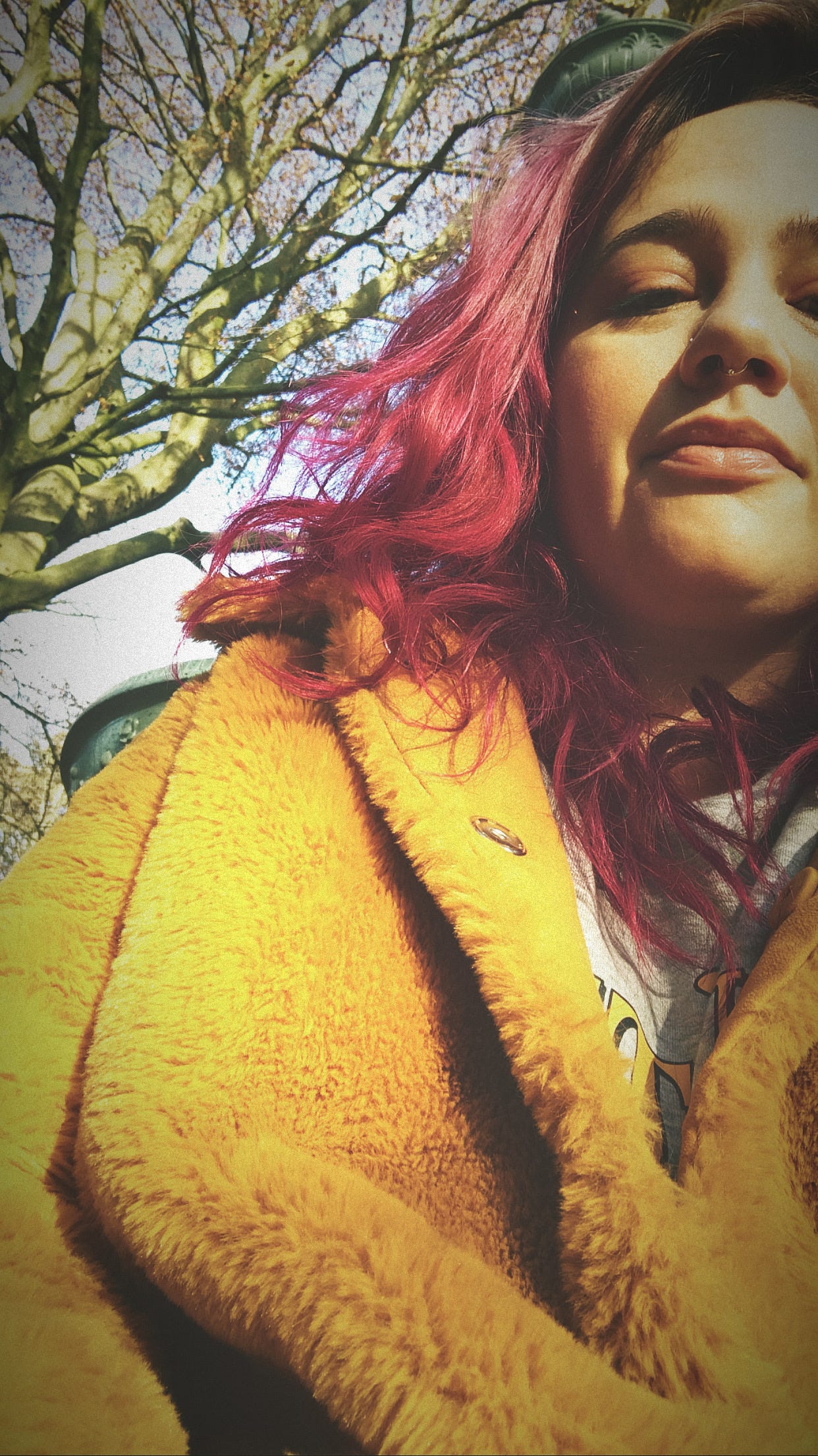 i am facing you from a somewhat higher angle, wearing a fluffy yellow coat. my hair is long and wavy and bright magenta. there is a mostly bare tree behind my right shoulder, in the left quarter of the image. i am giving you a soft smile.