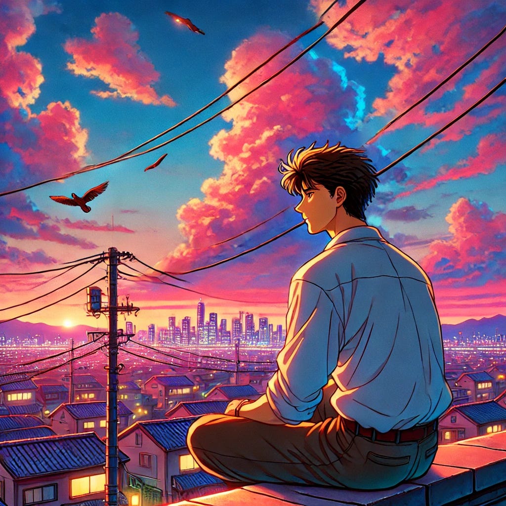 A serene evening scene featuring an adult brown male sitting on a rooftop, gazing at a vibrant cityscape. The sky is filled with pink and blue clouds, creating a colorful backdrop as the sun sets. Below, the city glows softly with lights, enhancing the tranquil atmosphere. Birds fly across the sky, adding movement, while power lines stretch across the scene for depth. The man appears contemplative, enjoying the peaceful sunset view, capturing the essence of late 80s and 90s Japanese animation with vibrant colors and intricate details.