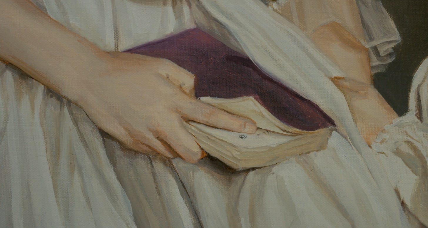 An insert shot of a painting in Portrait of a Lady on Fire. A hand holds a book open to page 28.