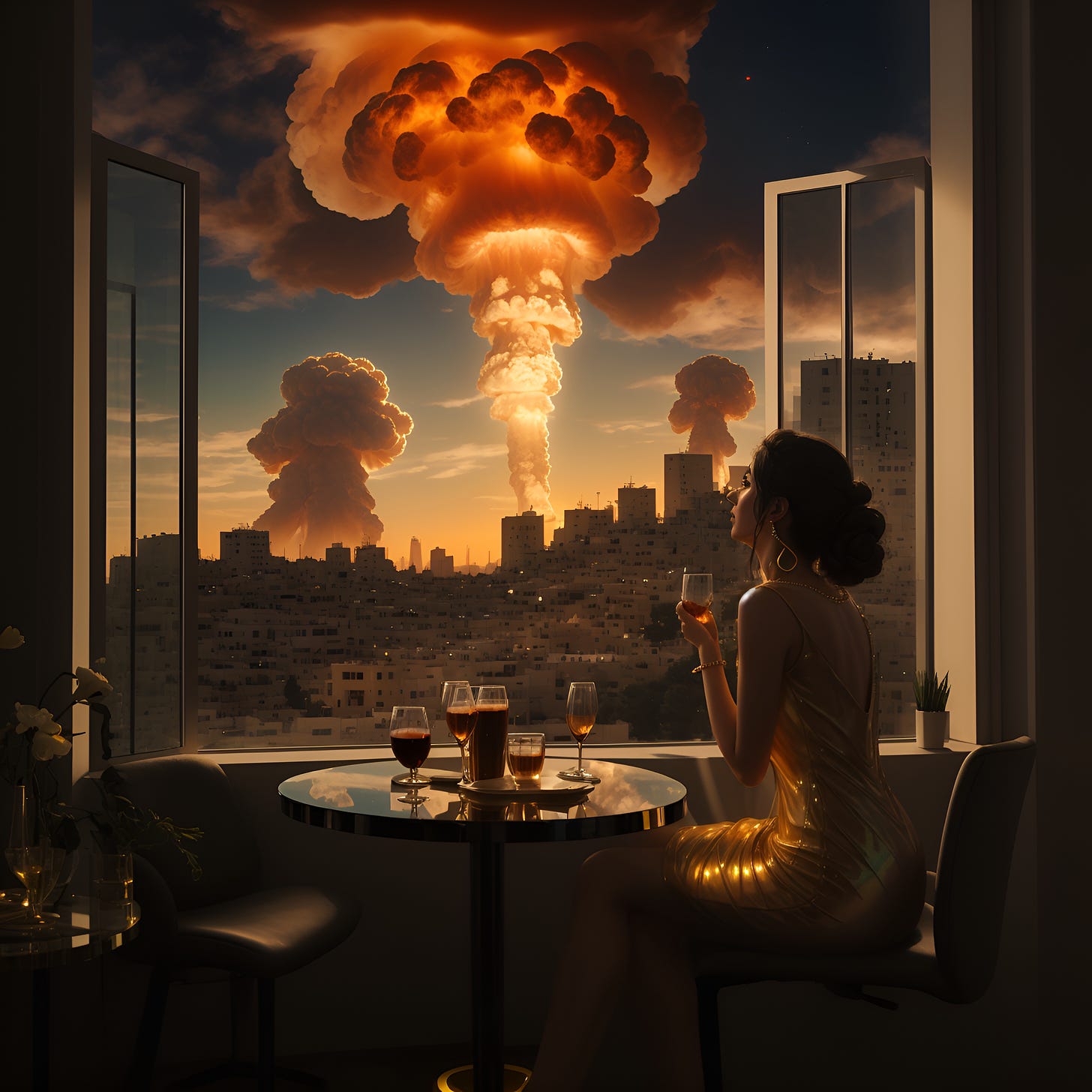 Woman drinking her morning coffee watches Nuclear mushroom cloud out the window. A pretty, slender professional woman in a simple shimmering transparent iridescent dress, wearing gold and diamond earrings, and a pearl necklace. She is facing out the tall glass doors of her Jerusalem apartment.  It is sunset over the city.  In the distance looms a nuclear mushroom cloud.  