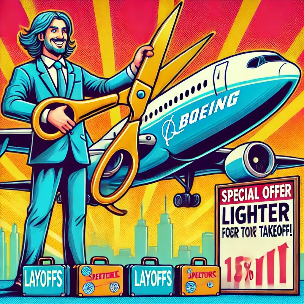 A vibrant and satirical pop-art style illustration in 1920x1080 format. The image depicts a giant Boeing airplane having its wings cut with oversized golden scissors. A sarcastic sign in the background reads 'Special Offer: Lighter for Takeoff!' There are empty suitcases labeled 'Layoffs' scattered on the ground, and a smiling CEO holding a graph showing profits rising. The overall setting is colorful, with exaggerated cartoonish details and sarcastic humor. The style mimics retro comic book aesthetics with bold outlines and dynamic text elements.