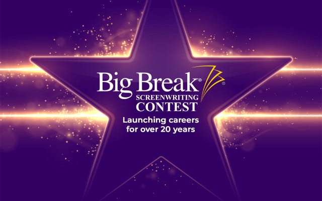 Big Break logo of a purple star with sparks emanating from it. Inside the star is the text 'Big Break Screenwriting Contest: Launching Careers for over 20 years'