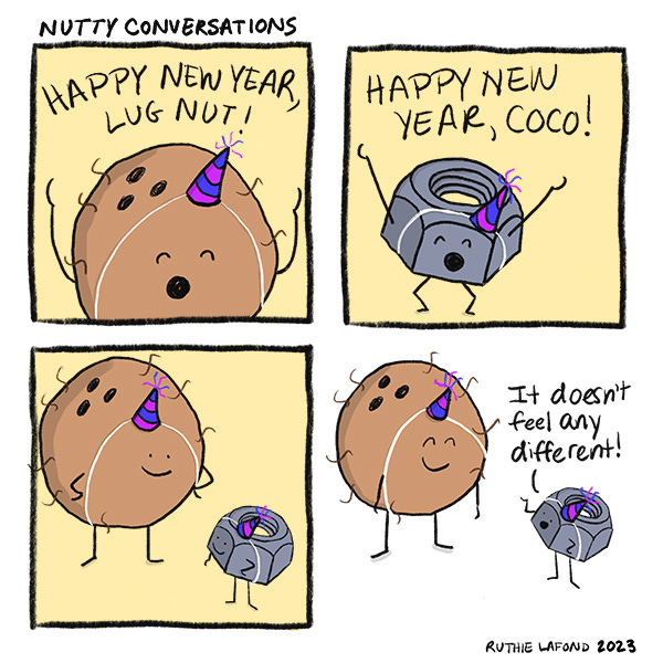 "Happy New Year, Lug Nut!" says Coco. "Happy New Year, Coco!" says Lug Nut. Both of them are wearing purple and blue striped party hats. They stare at eachother for a second. "It doesn't feel any different!"