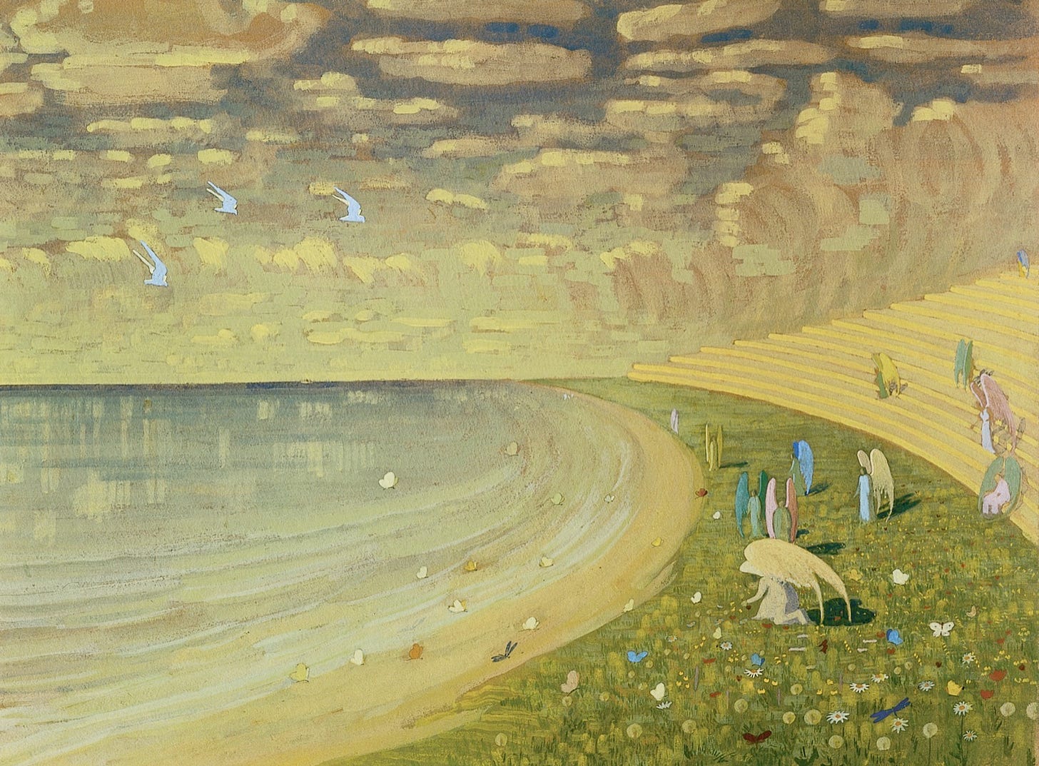 A sky dappled with golden clouds in an Impressionistic style hovers above a glassy lake. Three powder blue seagulls are caught mid-flap, their wings arrested at their highest point. On the right, a curved lake shore abuts a grassy swath of land, dotted with flowers and butterflies, which abuts wide curving stairs, like an amphitheater. On the grass and across the stairs are large-winged angels painted in pastel colors, in various attitudes: Some standing, some sitting, the one in the foreground, painted the same gold as the clouds, the sandy shore, and the stairs, is kneeling, plucking a flower from the ground. 
