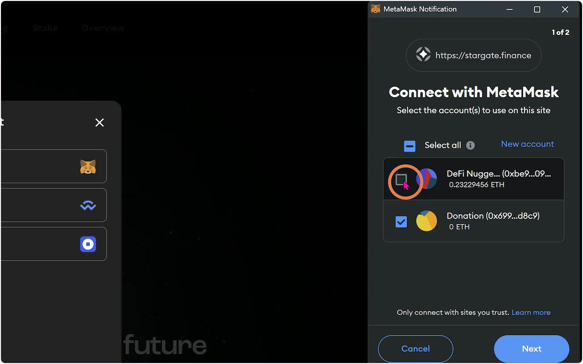 In the MetaMask pop-up, select which account you would like to use and click "Next".