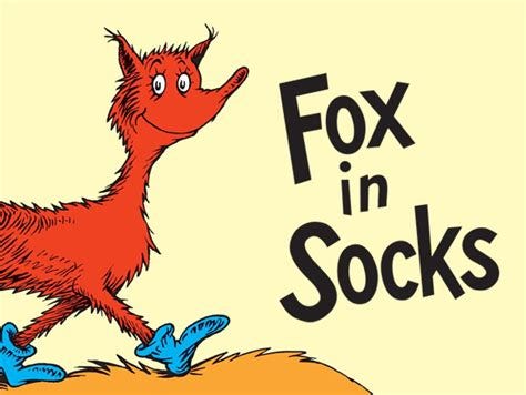 A cartoon furry, bright-red fox walks to the right while wearing blue socks