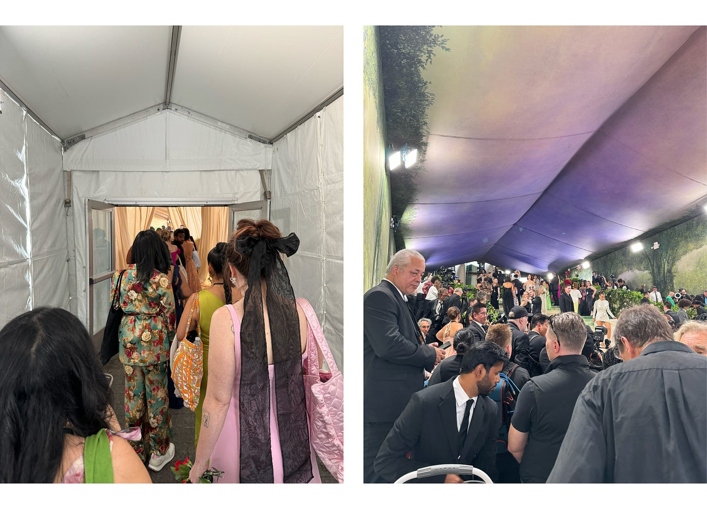 Photo of a line of people going to the red carpet and a photo of a sea of press on the red carpet
