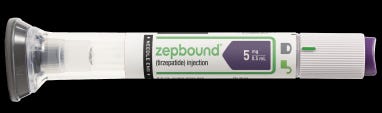 A tube with a flared gray base on one end and a purple button on the other. It says “zepbound” and 5mg which is the dose.