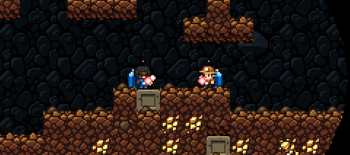 A screenshot of Spelunky SD featuring two player characters standing next to each other with torches in their hands.