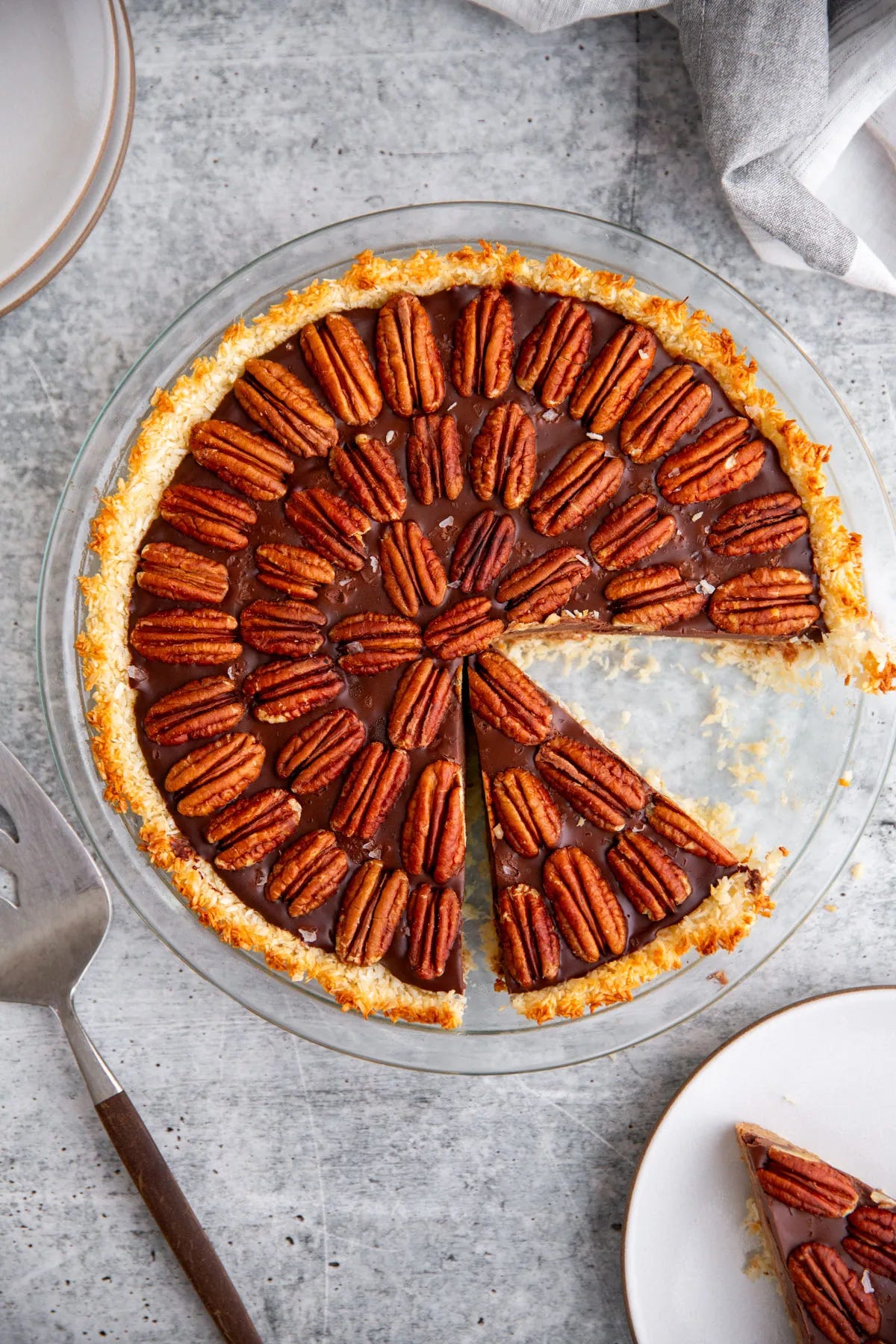 A date caramel chocolate pecan pie.