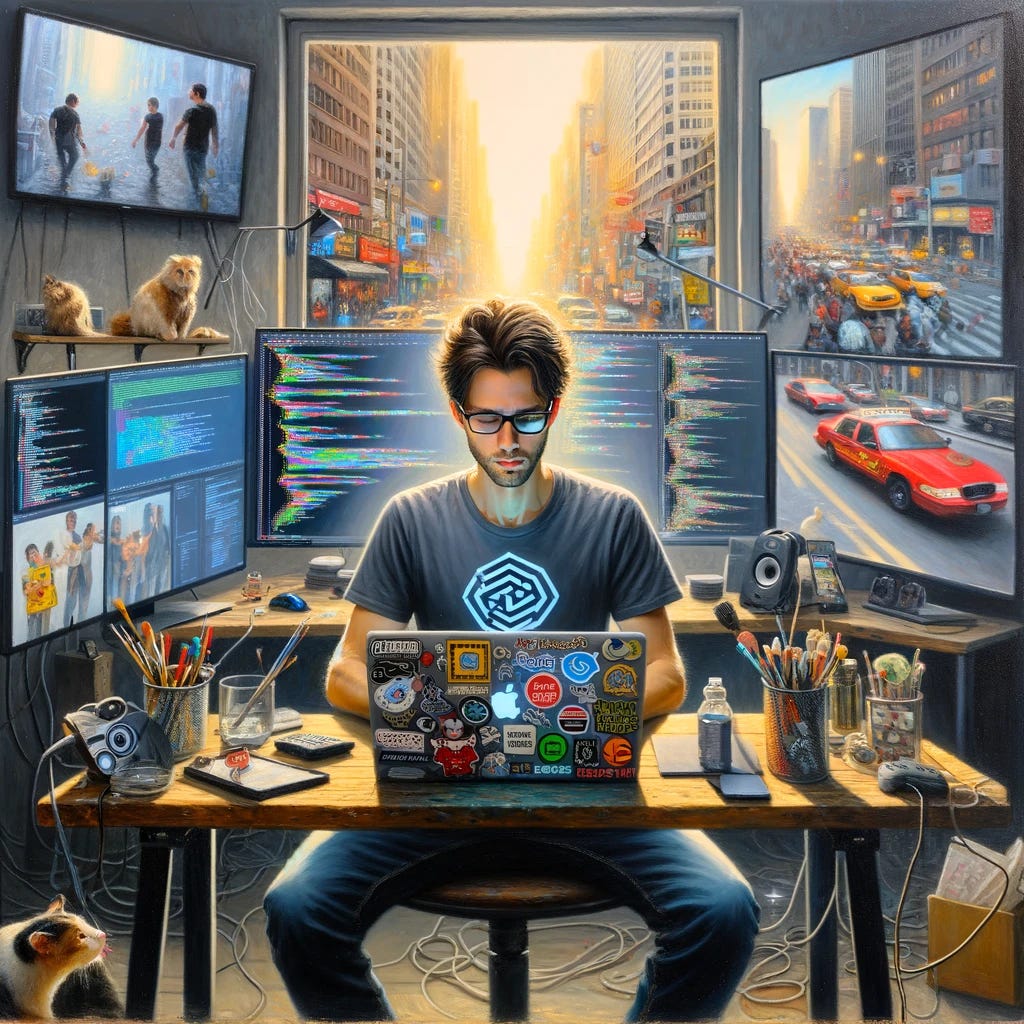 A realistic oil painting of a tech worker, the only person with a visible face in the image, working remotely in a highly distracting environment. The individual is at a desk with tech gadgets, a laptop covered in unique coding stickers, and a large monitor. They wear casual tech attire like a simple t-shirt and jeans. The background is filled with various elements of distraction such as a television displaying dynamic scenes, a window showing a busy urban landscape, and playful pets, but no other human faces or figures are present. The tech worker is deeply focused and undisturbed, embodying concentration and efficiency in a lively, yet solitary home workspace.