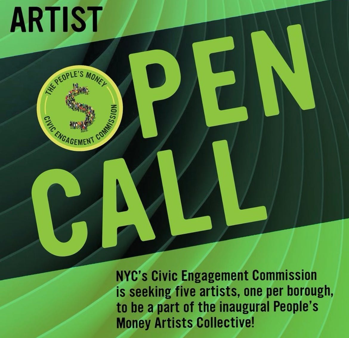 Light green background with dark green line and letters cut out: Open Call from NYC's Civic Engagement Commision