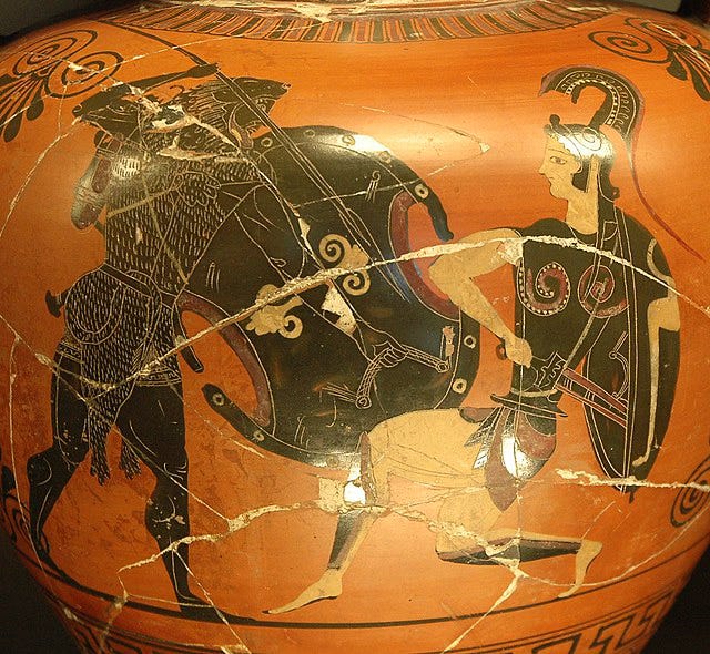 A female Amazon warrior depicted fighting on an Ancient Greek vase