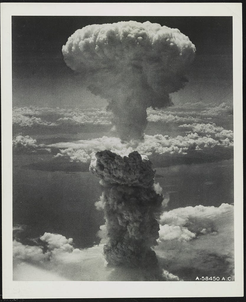 Mushroom cloud rising in the sky above Nagasaki, Japan on August 9, 1945.
