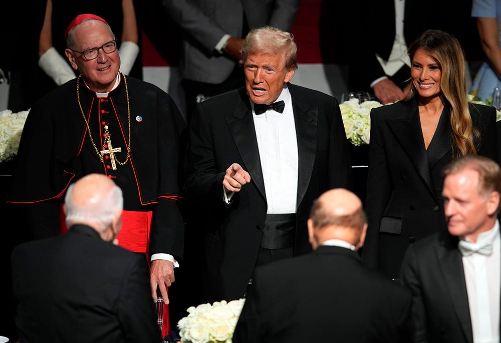 Republican presidential nominee former President Donald Trump and former first lady Melania Trump arrive for the 79th annual Alfred E. Smith Memorial Foundation Dinner, Oct. 17 in New York. (AP photo/Julia Demaree Nikhinson)