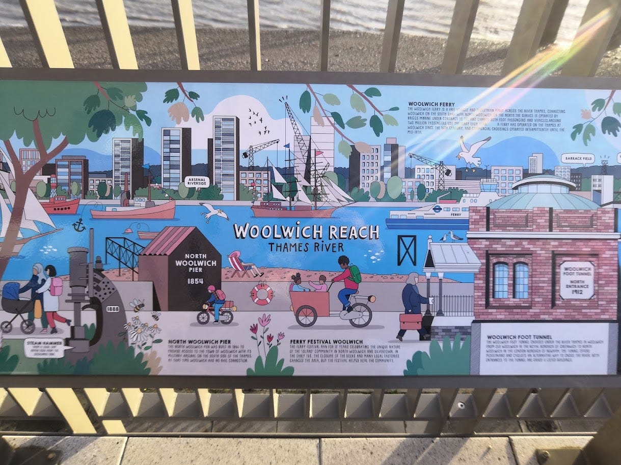 Sign with local landmarks, "Woolwich reach"