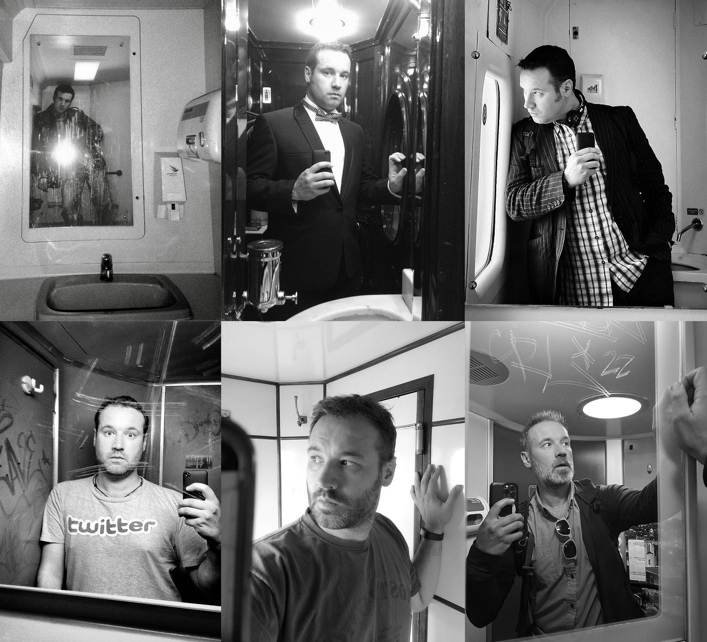 A montage of six selfies taken in the mirrors of train toilets over the past 27 years. Top left I was using the Ricoh GR1 film camera. All the other photographs have been taken with an iPhone. One of them on the orient express, another one on a train in Europe and another one in an old English steam train. There must be more in the archives, but probably on negatives.