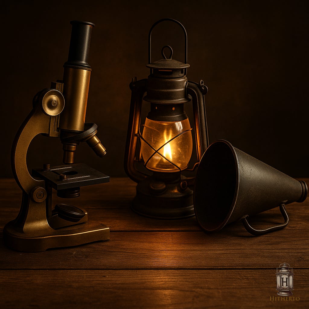 wooden tabletop, lantern lit, old microscope and megaphone.