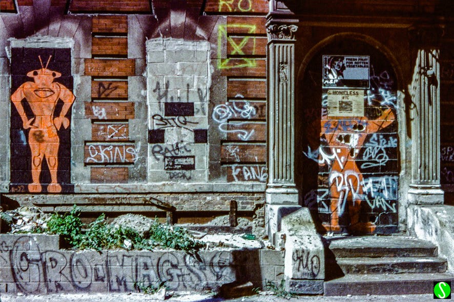Abandoned building on New York's Lower East Sidewith cro-mags graffiti