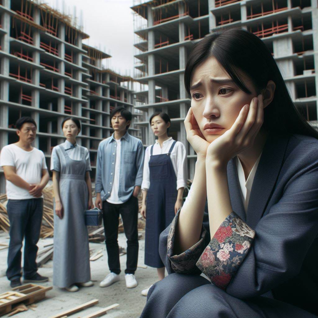 Eine Gruppe von Chinesen, die traurig auf unfertige Häuser blicken, Hauptfarbe dunkelblau, düstere Stimmung