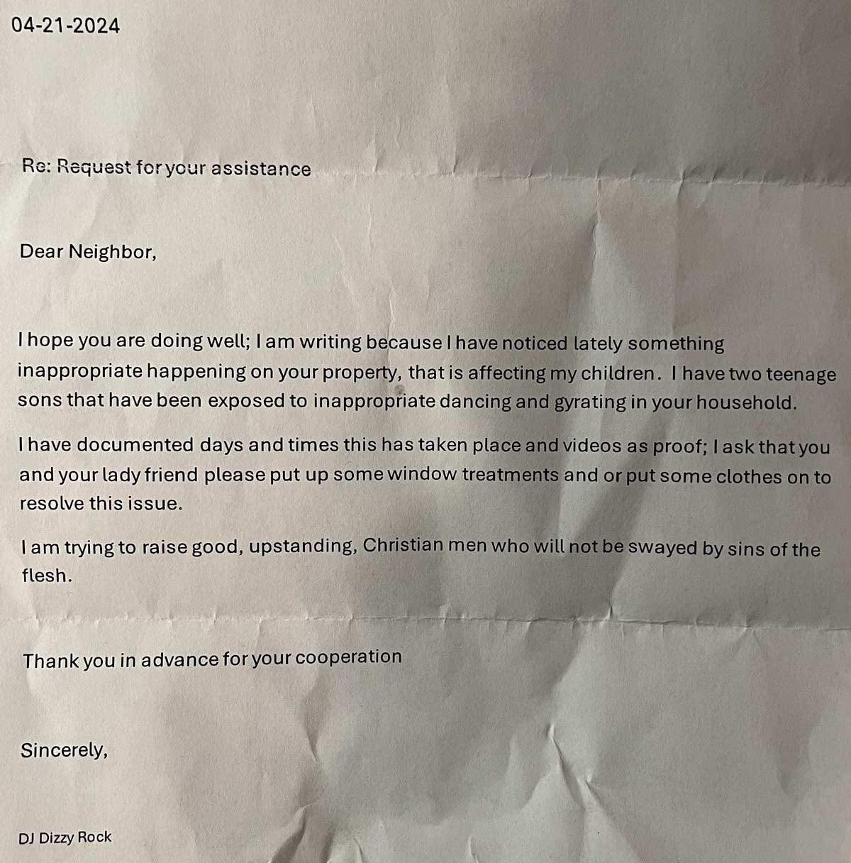 Letter from a concerned neighbor
