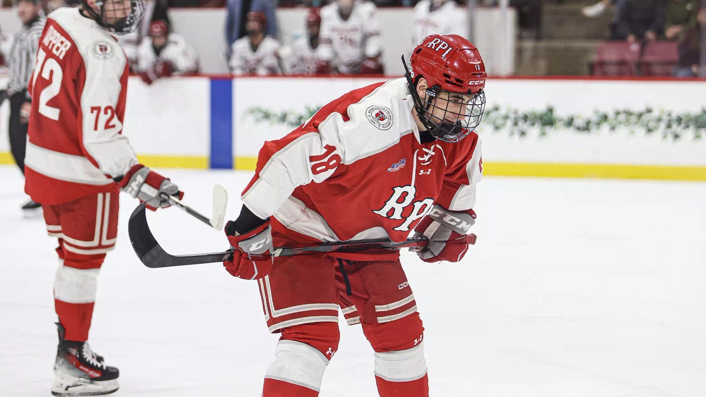 Jake Lee of RPI Men’s Hockey in action versus Harvard on Friday March 7 2025 in Cambridge Massachusetts.