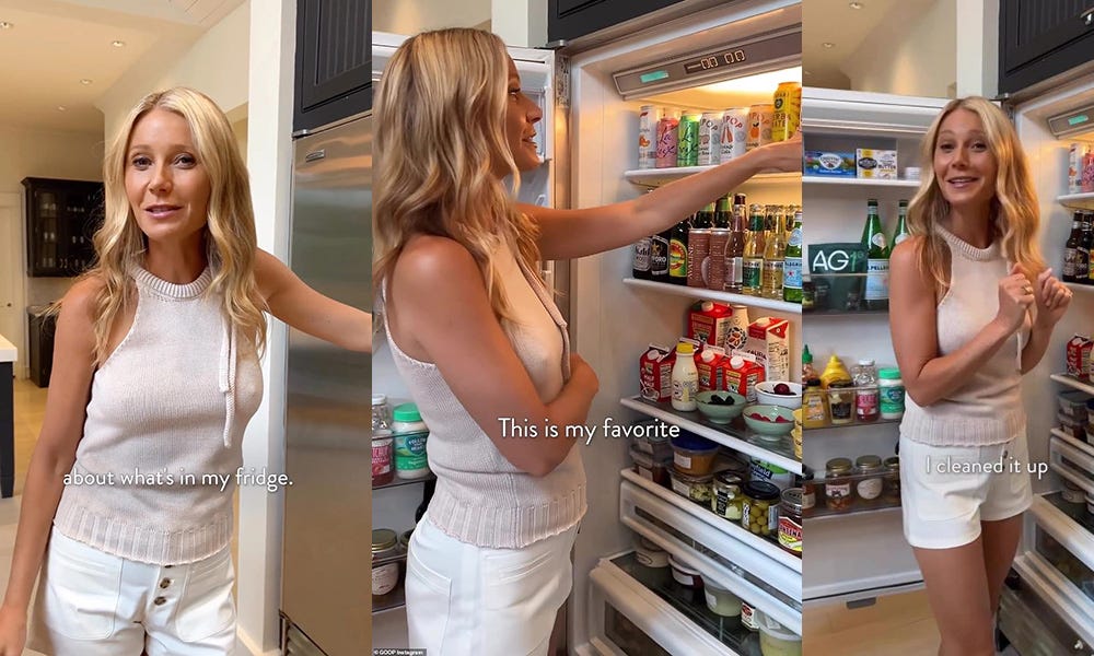 A split screen of three different screenshots from Gwyneth Paltrow's video about her fridge. In the first one she says ‘what's in my fridge’, in the second one she says ‘this is my favourite’, and in the third one she says ‘I cleaned it up.’ She is wearing a cream top and white trousers and looks amazing as ever.