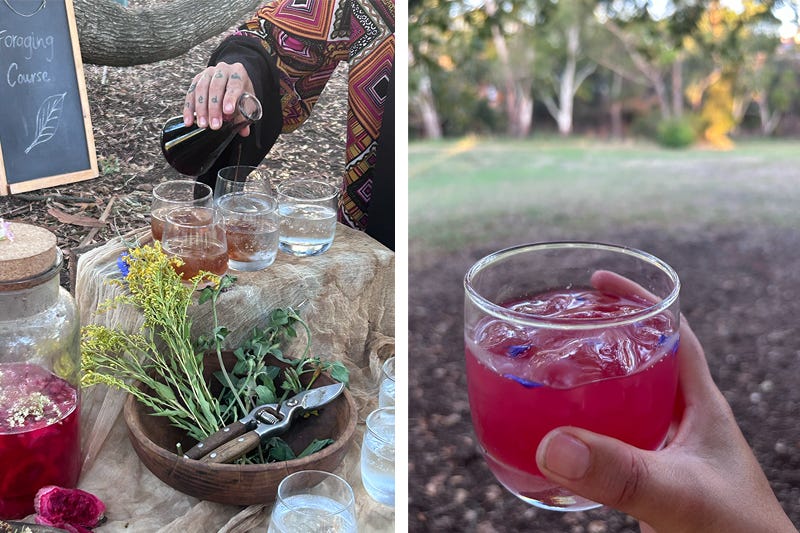 Picture on the left is of a table spread where someone is pouring a syrup into a cup. On the right, a hand holds a glass with a red liquid in it, with purple flowers scattered on top.
