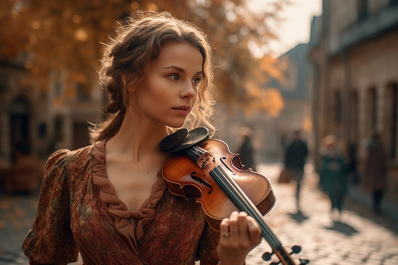 **A photorealistic prompt capturing a candid moment of a young woman gracefully playing a violin on a cobblestone street, surrounded by historical architecture. Natural sunlight filters through the leaves of nearby trees, casting dappled shadows on her face and the ground. She wears a vintage dress, with her hair styled in loose waves. The image showcases depth of field, vibrant colors, and a warm atmosphere, captured with a Canon EOS R5 and an RF 50mm f/1.2L USM lens, with a focus on her intense facial expression and the intricate details of the violin. --ar 3:2 --v 5.1 --s 1000 --q 2** - Image #3 <@827995891822100491>