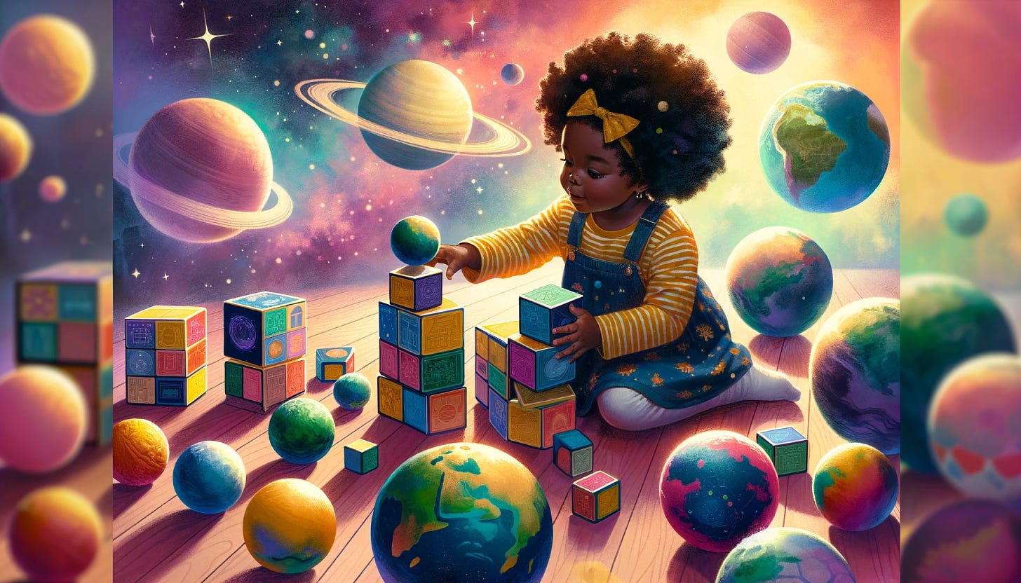 An image of a Black female toddler playing with building blocks that are really cube-shaped planets