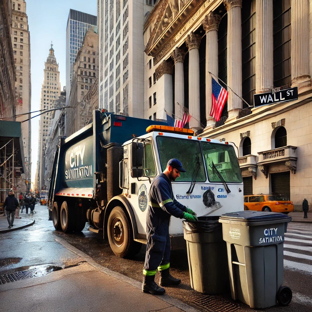 A sanitation worker in uniform is seen taking a trash can to a garbage truck on Wall Street in New York City. The background features tall financial buildings and the iconic Wall Street sign. The scene captures an early morning setting with a few pedestrians walking by. The worker is focused on his task, and the truck has visible city sanitation markings.