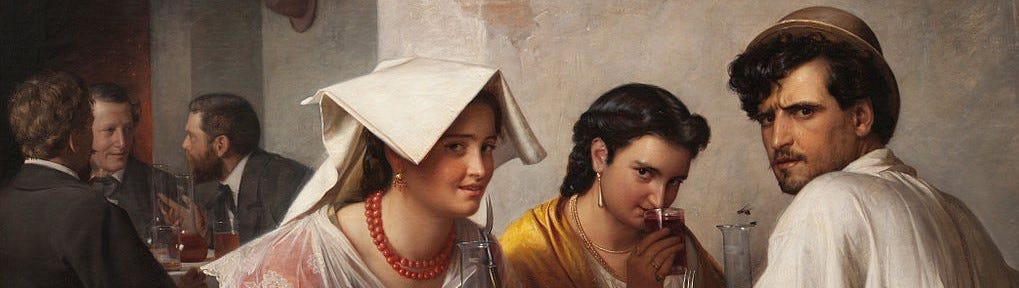 Ausschnitt das Gemäldes "In einer römischen Osteria" von Carl Bloch aus dem 19. Jahrhundert. In zeitgenössischer Kleidung schauen drei Personen (vermutlich zwei Frauen und ein Mann) die Betrachter*innen von ihrem Esstisch aus an. Ihre Blicke wirken interessiert, leicht spöttisch und skeptisch.