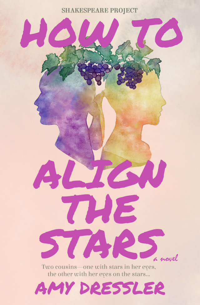 On a peach background, silhouettes of two ponytailed women filled in with watercolor, one purple, one gold, with grapes on their foreheads. The book title and author's name are written in purple marker script.