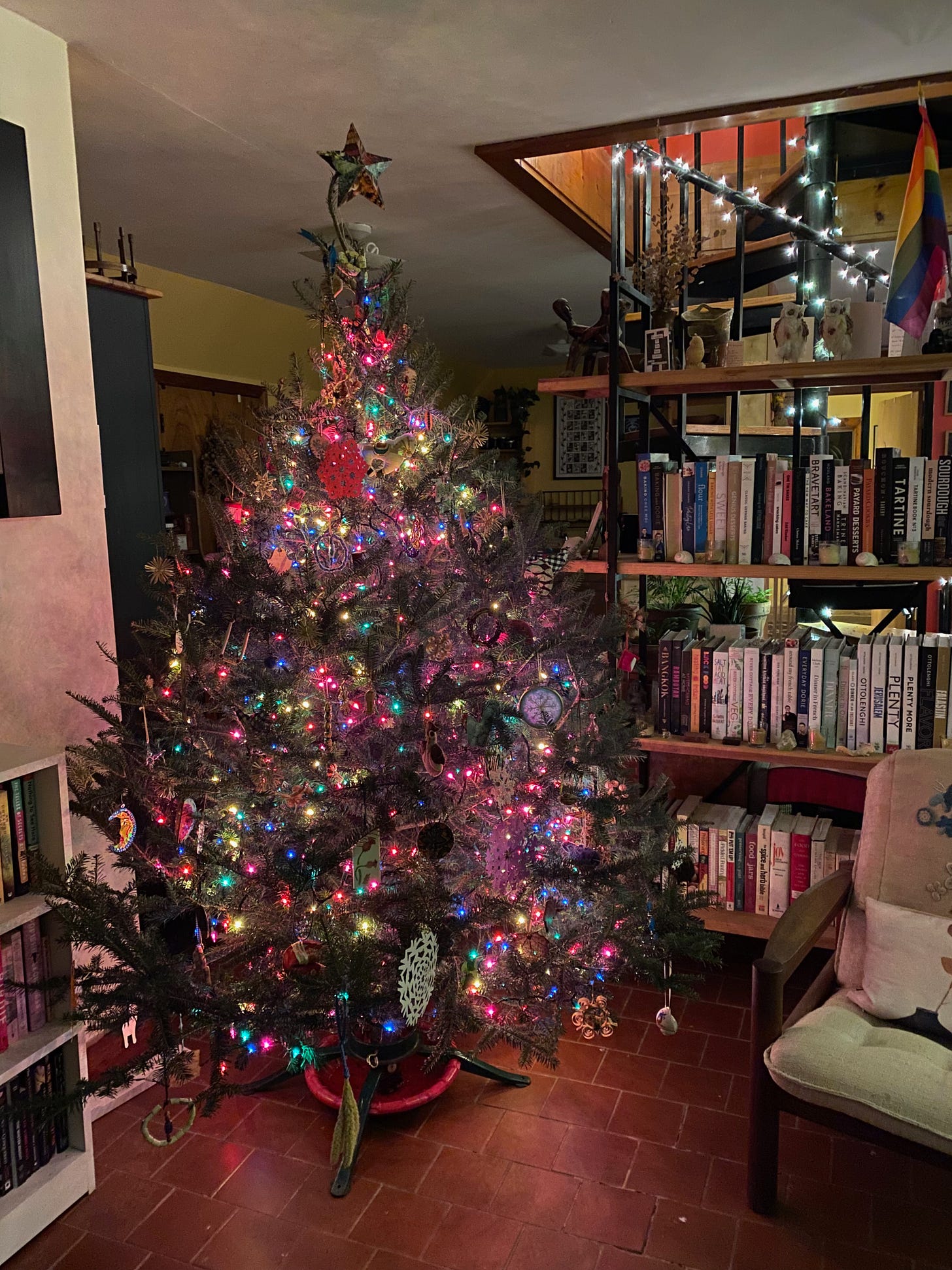 A Christmas tree full of lights and ornaments next to a colorful bookcase.