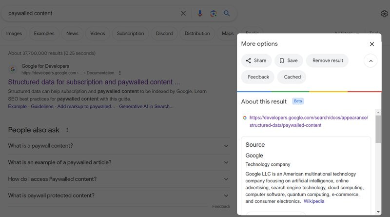 A SERP showing the results for the term 'paywalled content' with the option to view the cached result