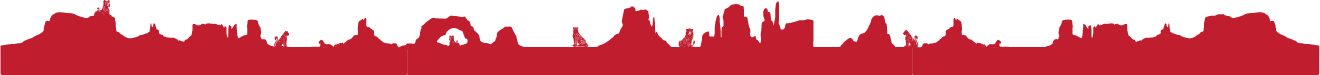 A red silhouette of a rugged canyon landscape, featuring various peaks and formations, against a black background.