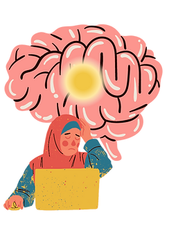 A cartoon of a pink brain with a large yellow dot in the center showing that the amygdala is in the center of the brain. In front of the brain is a cartoon woman wearing a blue shirt and a red hijab. She’s working on a yellow laptop and looks very stressed. She’s holding her head in one hand.