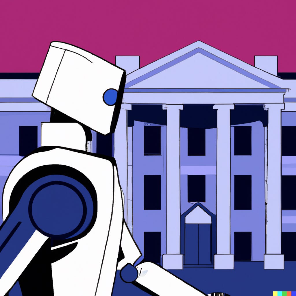 “vaporwave portrait of a cartoon robot walking into the white house” / DALL-E